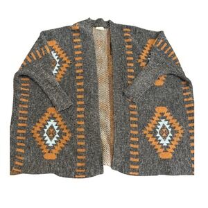 Debut Southwest Aztec Knit Cardigan Gray Rust Blue Open Front Cozy Sweater S/M